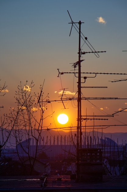 Imagem de silhuetas de árvores e antenas de TV no telhado durante o pôr do sol em Zagreb, na Croácia