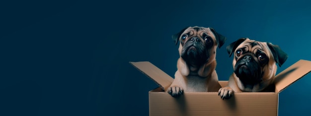 Imagem de um par de pugs em um banner com fundo azul gradiente