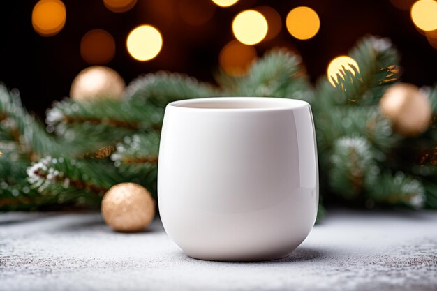 Imagem de uma caneca branca com decoração de Natal no fundo