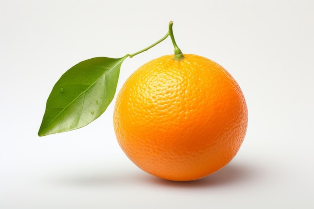 Imagem de uma laranja com uma folha em um fundo branco