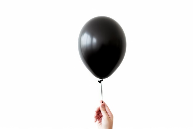 Imagem de uma mão segurando um balão preto sobre fundo branco