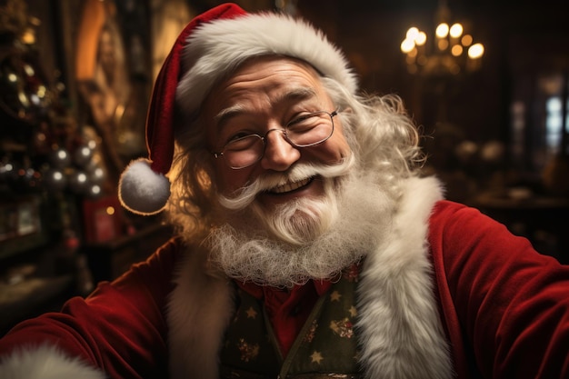 Imagem do papai noel klauss tirando uma selfie com uma oficina ao fundo