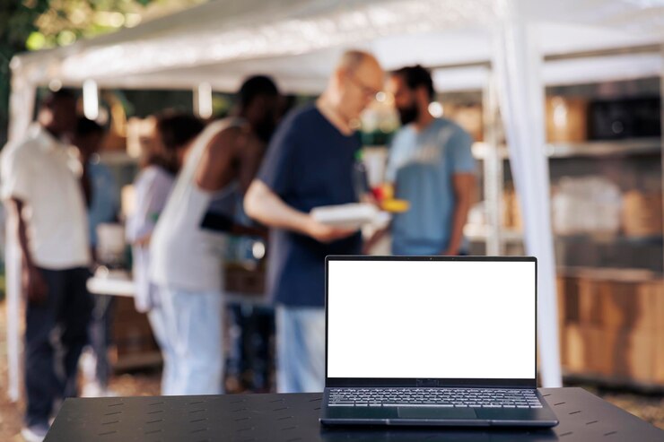 Foto grátis imagem mostrando um laptop exibindo uma tela branca isolada colocada em uma mesa enquanto um grupo de voluntários fornece assistência aos necessitados. foco na foto em um minicomputador com um modelo de copyspace em branco.