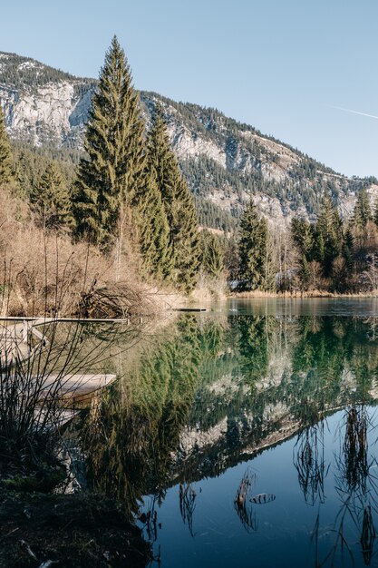 Imagem vertical de um lago cercado por rochas e florestas com árvores refletindo na água