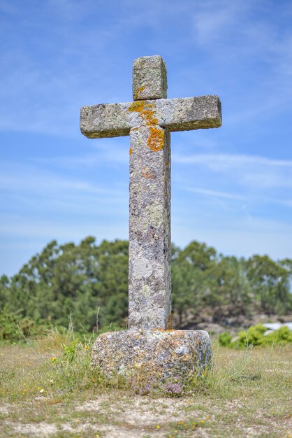 Imagem vertical de uma cruz de pedra coberta de musgos cercada por vegetação sob a luz do sol