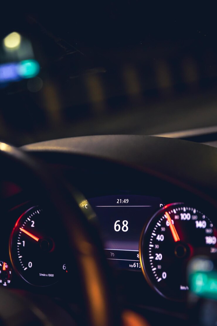 Foto grátis indicadores de velocidade de carro em close-up em um carro à noite