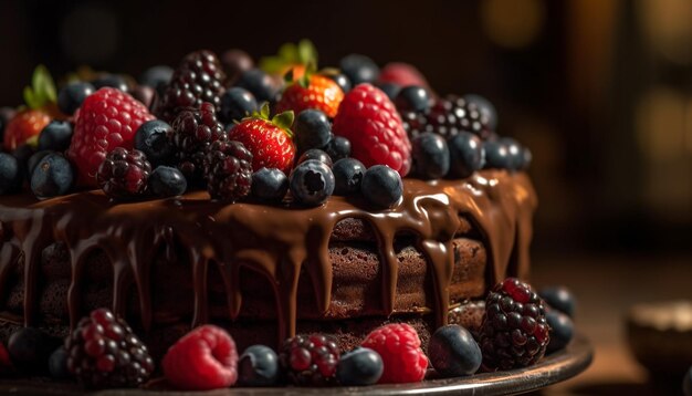 Indulgência de cheesecake de frutas doces em mesa de madeira gerada por IA