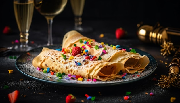 Foto grátis indulgência de chocolate com molho de baga blinis recém-assados gerados por ia