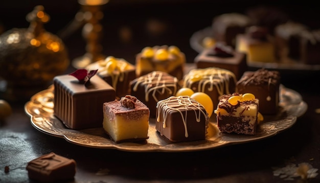 Foto grátis indulgente prato de trufas de chocolate gourmet variedade lanche gerado por ia