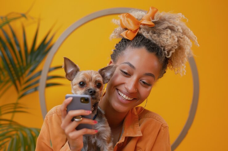 Foto grátis influencer e seu animal de estimação criando conteúdo para espaços on-line e mídias sociais