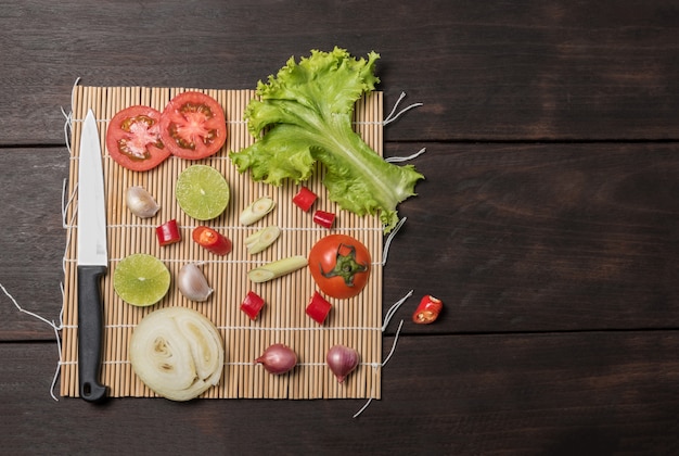 Ingredientes, escuro, madeira, fundo