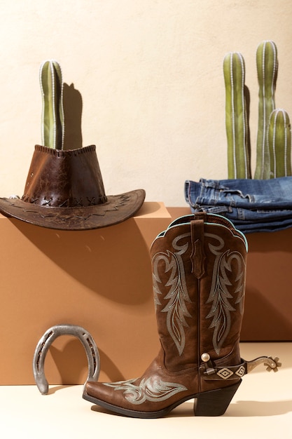 Foto grátis inspiração de cowboy com botas e chapéu