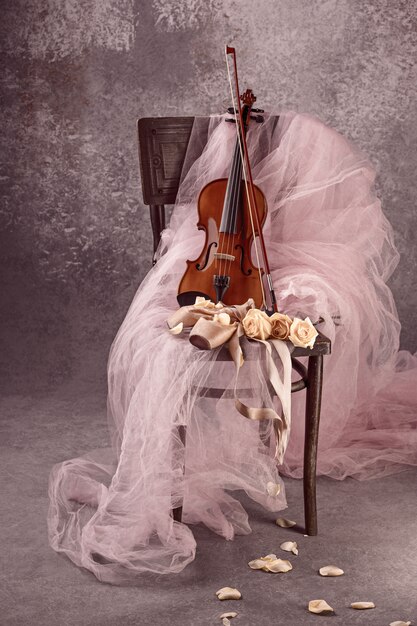 Instrumento de violino vintage com rosas e sapatos de balé