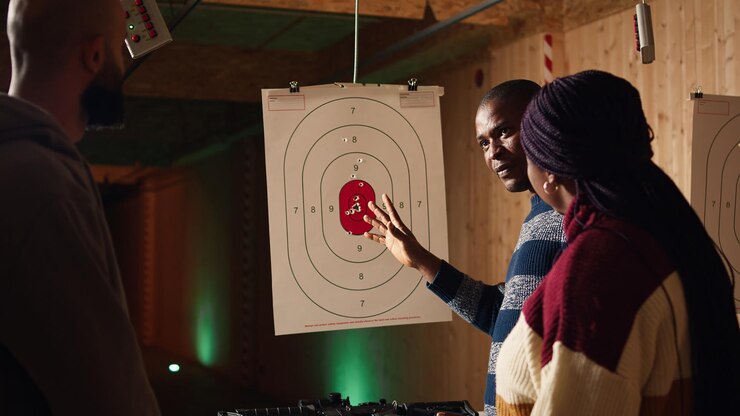 Foto grátis instrutor de galeria de tiro explicando o sistema de pontuação de bullseye aos clientes