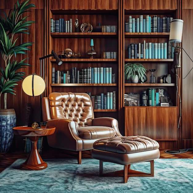 Foto grátis interior da moderna sala de estar com poltrona marrom e estante