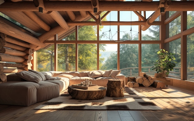 Foto grátis interior de casa de madeira fotorrealista com decoração e móveis de madeira