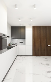 Interior de cozinha de estilo moderno nas cores branco e madeira