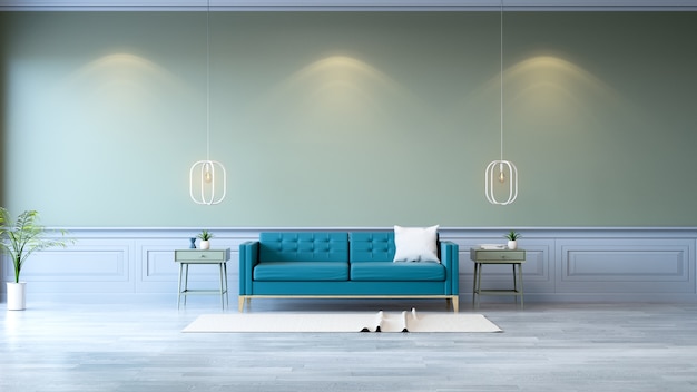 Interior de quarto minimalista, sofá azul com mesa de hortelã verde e lâmpada branca na parede verde