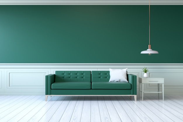 Interior de quarto verde vintage, sofá verde com mesa e lâmpada na parede verde e branca madeira