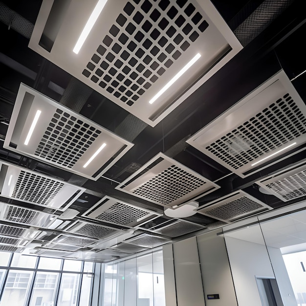 Foto grátis interior de um edifício de escritórios moderno com luzes de teto e tubos de ventilação