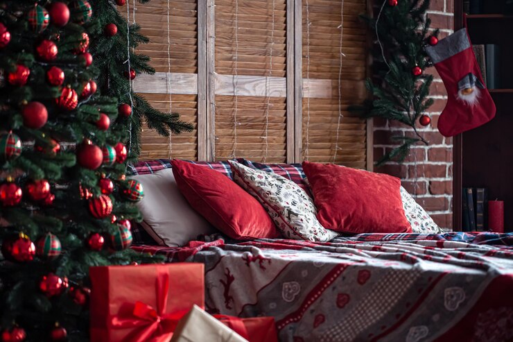 Foto grátis interior do quarto com árvore de natal e detalhes de decoração