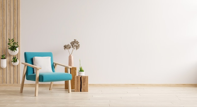 Interior moderno e minimalista com uma poltrona azul em uma parede de cor branca vazia com renderização de background.3d