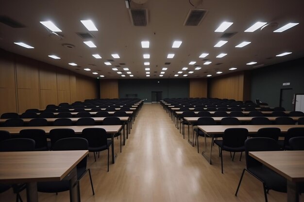 Interior vazio da sala de conferências com palco pronto para palestra generativa ai