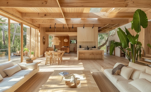 Interiores fotorrealistas de casas de madeira com decoração e móveis de madeira