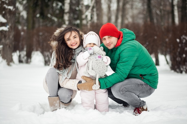 Inverno, criança, família, neve, natureza