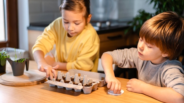 Irmão e irmã mais novos plantando sementes em casa