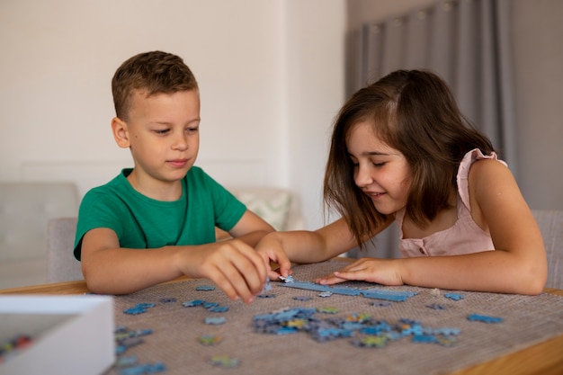 Irmãos brincando com brinquedos de quebra-cabeça