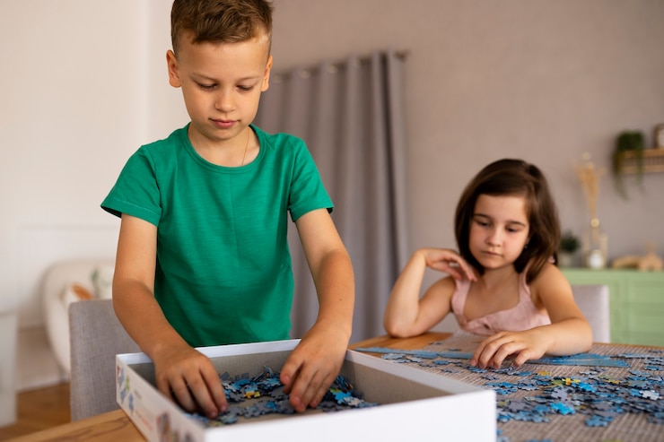 Foto grátis irmãos brincando com brinquedos de quebra-cabeça