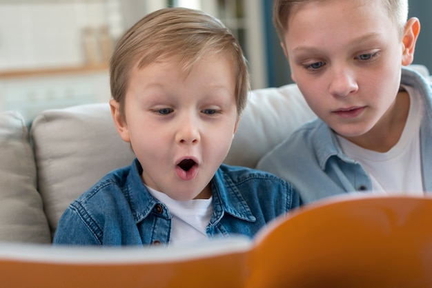 Irmãos, lendo um livro juntos vista frontal