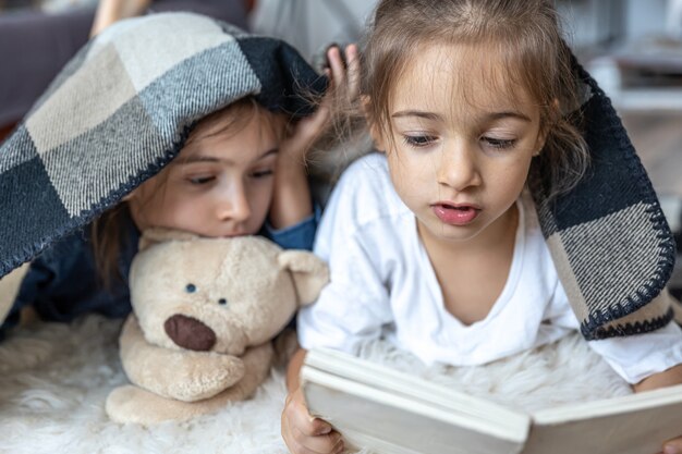 Irmãs mais novas estão lendo um livro com um ursinho de pelúcia caído no chão da sala.