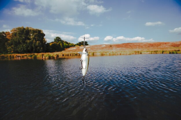 Isca pesca, penduradas, contra, lago