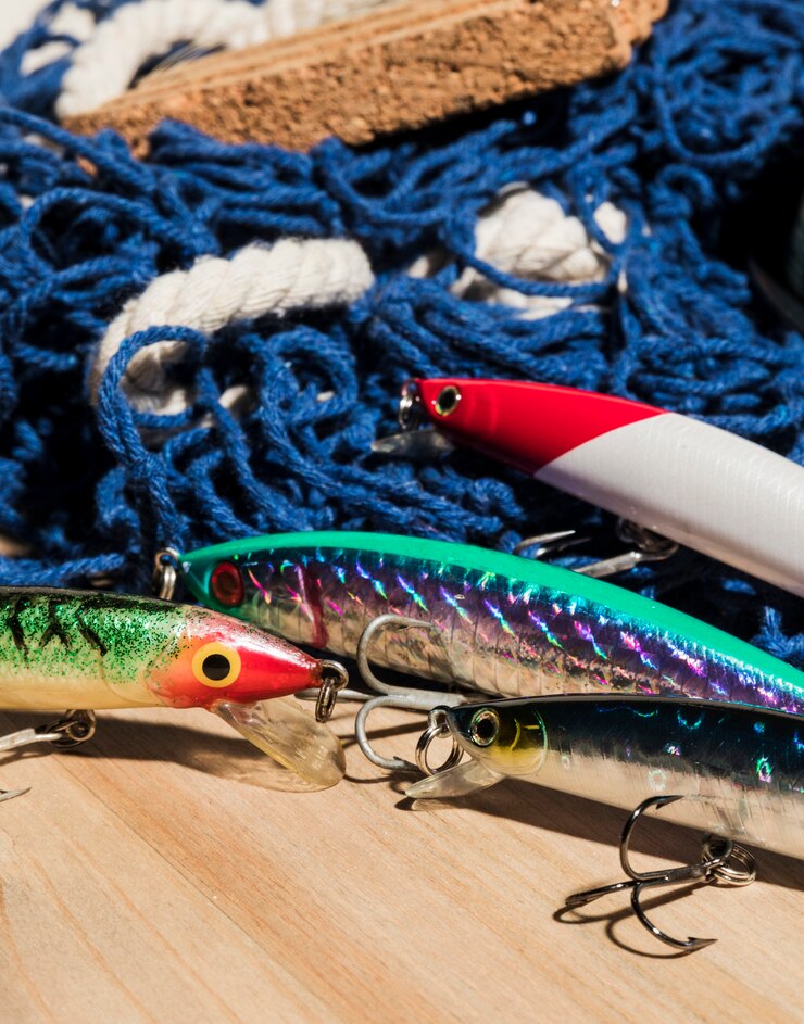 Foto grátis iscas de pesca coloridas com rede na mesa de madeira
