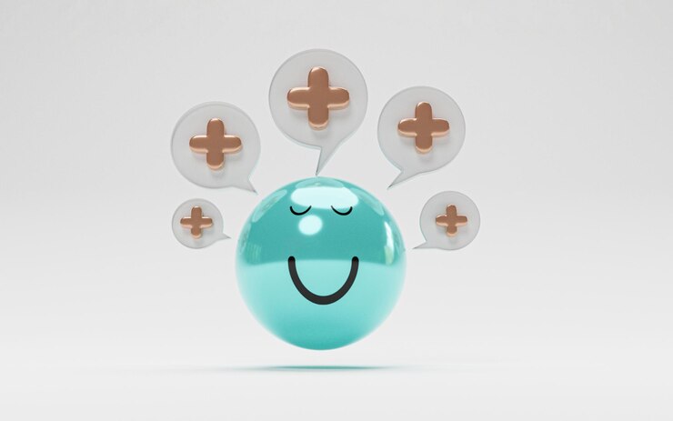 Foto grátis isolar o rosto de sorriso azul com sinal de adição para mentalidade de pensamento positivo e conceito de vida feliz por renderização 3d