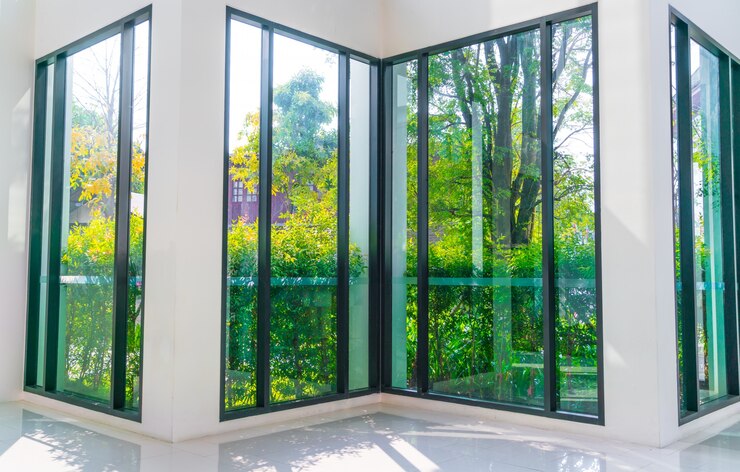 Foto grátis janela de vidro com vista para jardim verde.