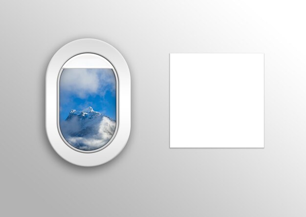 Janela do avião e folha em branco. A visualização foi removida da imagem.