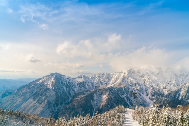 Japão da montanha do inverno com neve cobriu