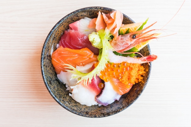Japonês, arroz, tigela, sashimi, marisco, topo