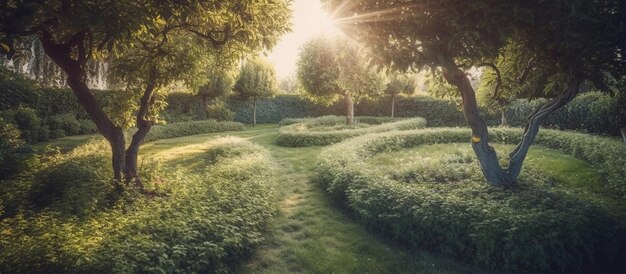 Jardim à luz do sol Paisagismo no jardim com lindo gramado verde Imagem gerada por IA