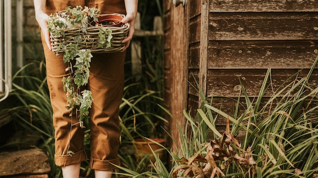 Jardineira segurando uma cesta de plantas