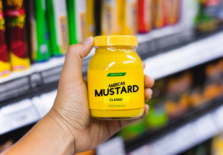 Foto grátis jarra de mostarda americana em um corredor de supermercado