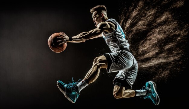 Jogador de basquete de uniforme pulando alto para fazer uma enterrada na cesta generativa ai