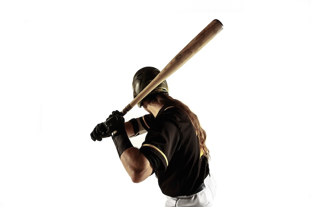 Foto grátis jogador de beisebol, lançador de uniforme preto, praticando e treinando isolado em um fundo branco.