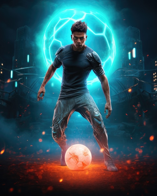 Jogador de futebol futurista com luzes brilhantes