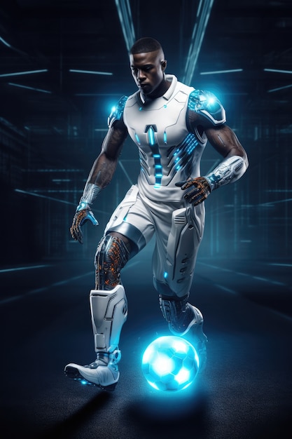 Jogador de futebol futurista com luzes brilhantes