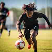 Foto grátis jogador de futebol masculino com bola no campo de grama