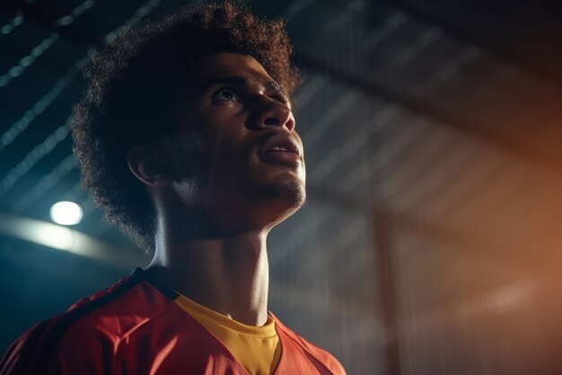 Jogador de futebol masculino em campo à noite